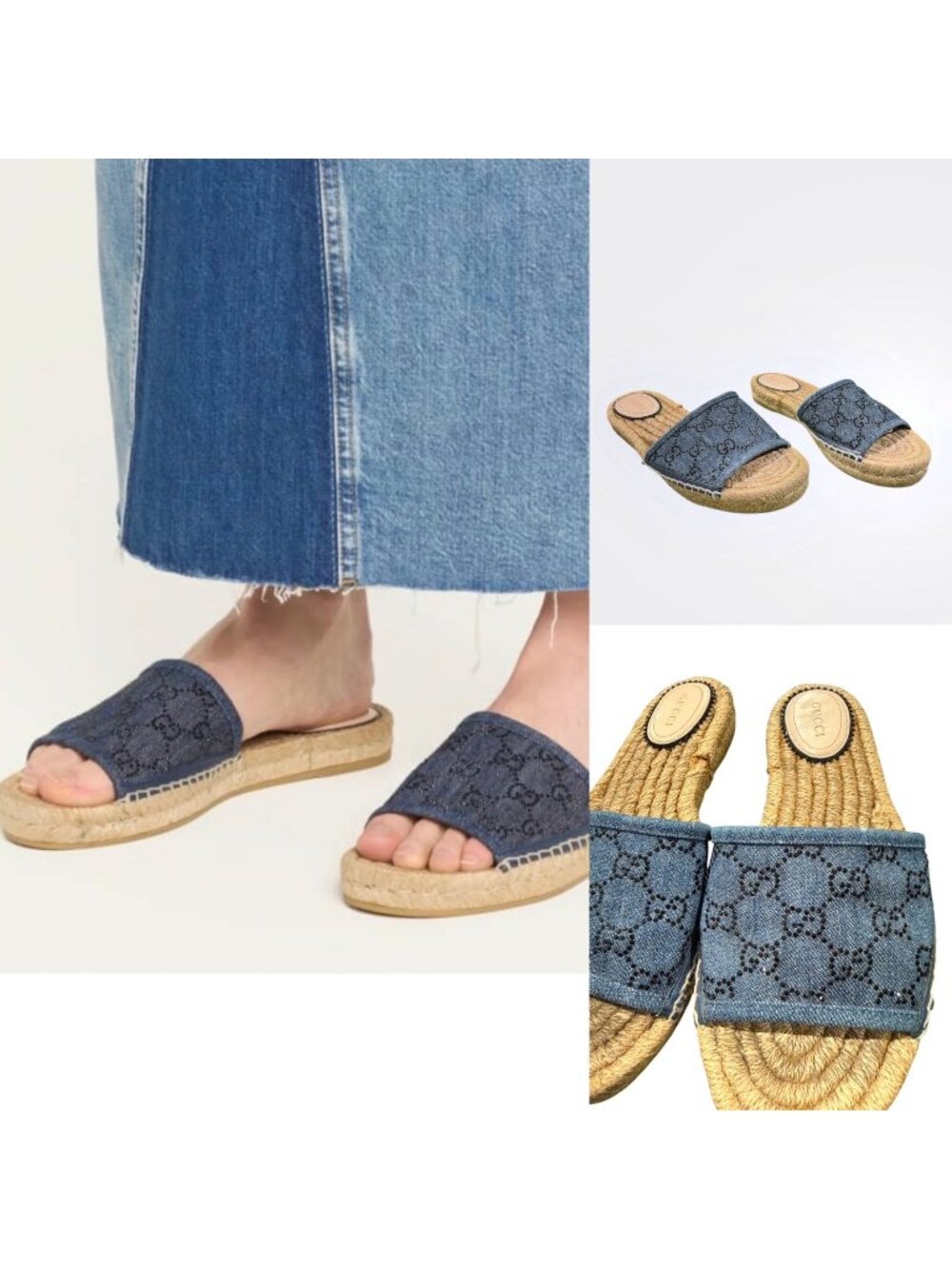 Gucci Pilar GG Denim Espadrille Slides Blue Canvas Jute Sandals EU 37.5 US 7.5